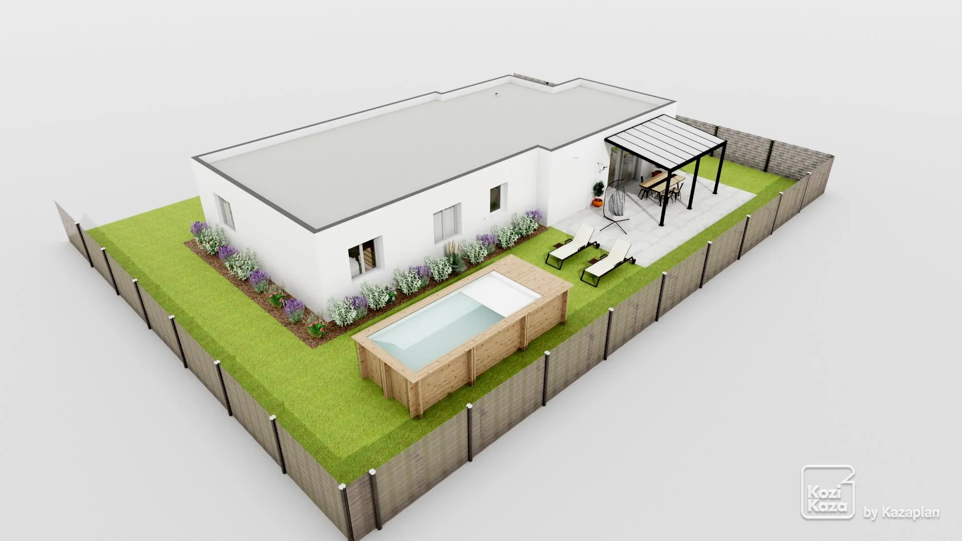 Rendu 3D d'un pavillon dessiné dans Kazaplan, vu de dessus avec son jardin, sa terrasse et sa piscine